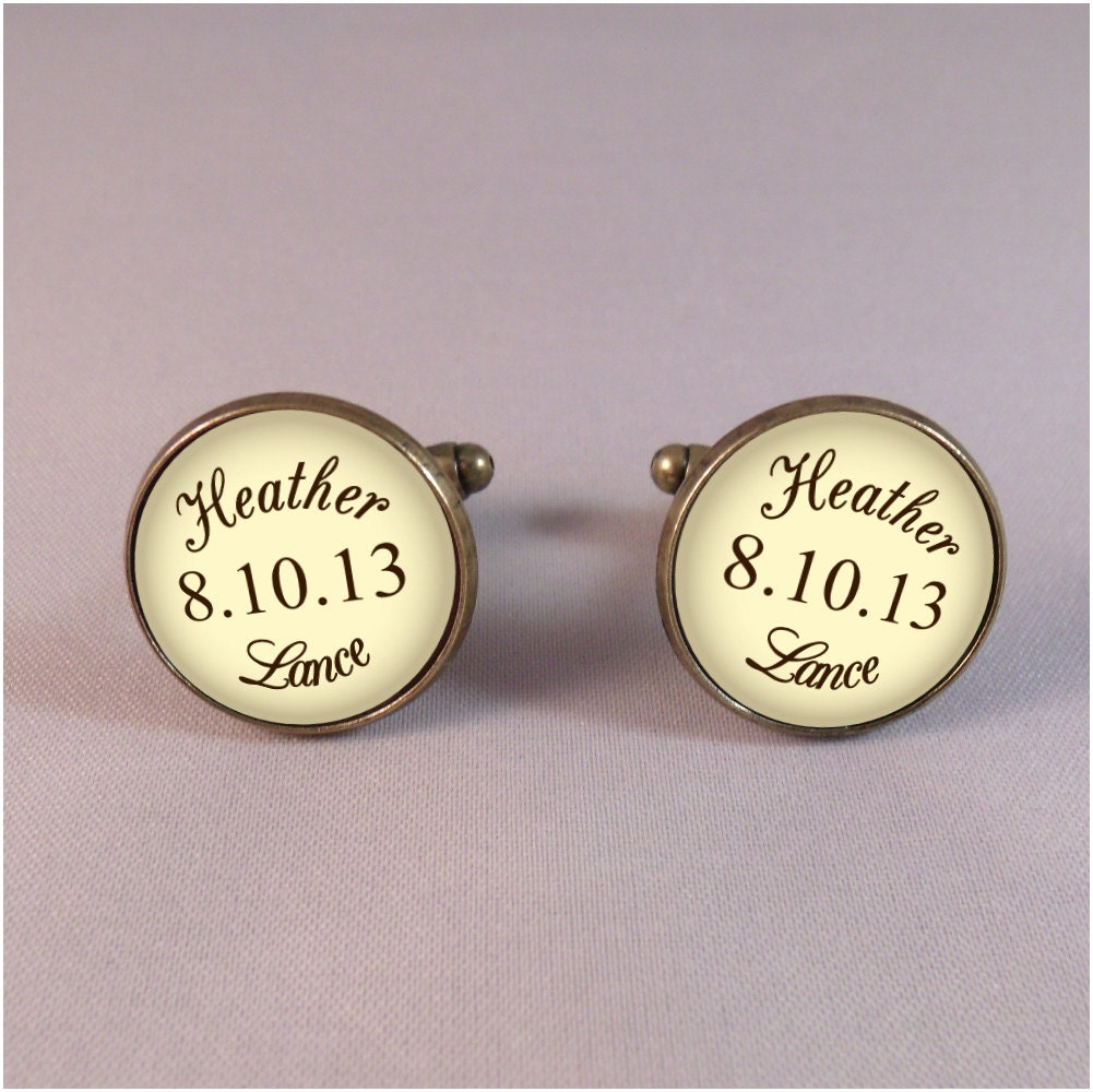 Antique Bronze Wedding Day, Anniversary, Bofriend, Husband, Fiance, Groom Cufflinks - Bride and Groom, Couple Names - Save the Date