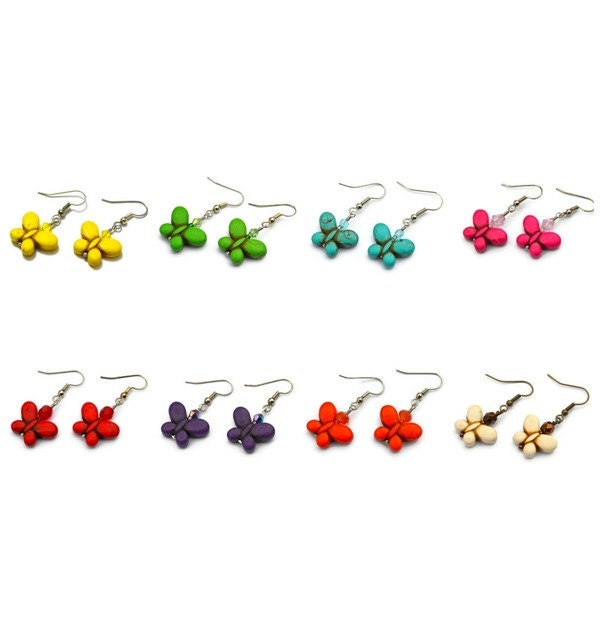 Turquoise Butterfly Dangle Earrings Yellow, Red, White, Green, Pink, Orange, Purple Howlite