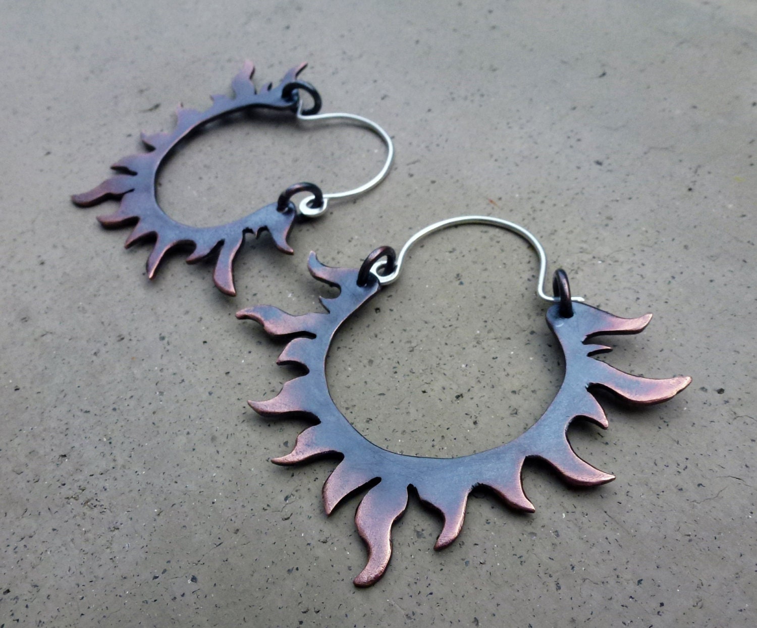Fire Dancer Hoop Earrings, Flames, Kali, Handmade, Mixed Metal Jewelry, Tribal