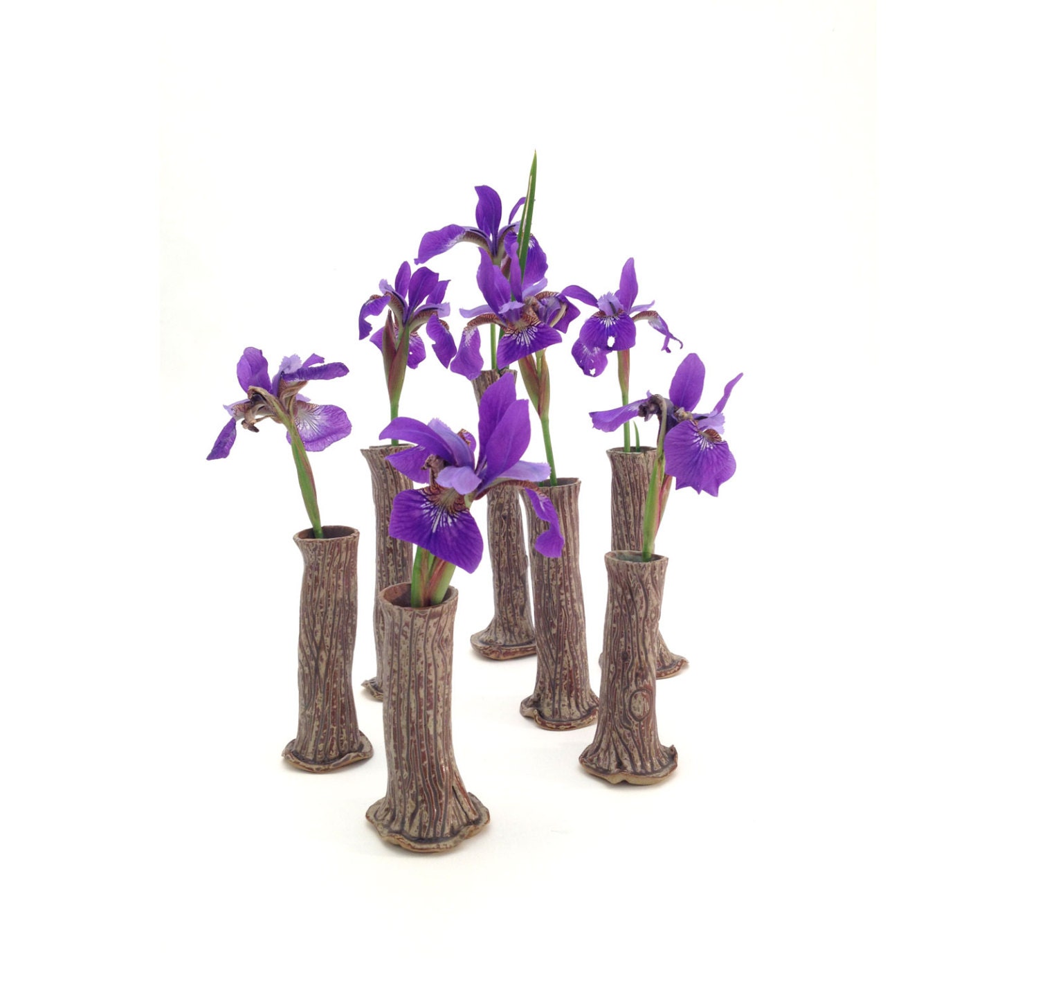 Tree Trunk Bud Vase Set of 7 in Ash Brown and Matte Green - Stoneware