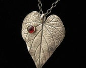 Sterling Silver and Garnet Necklace Heart Leaf