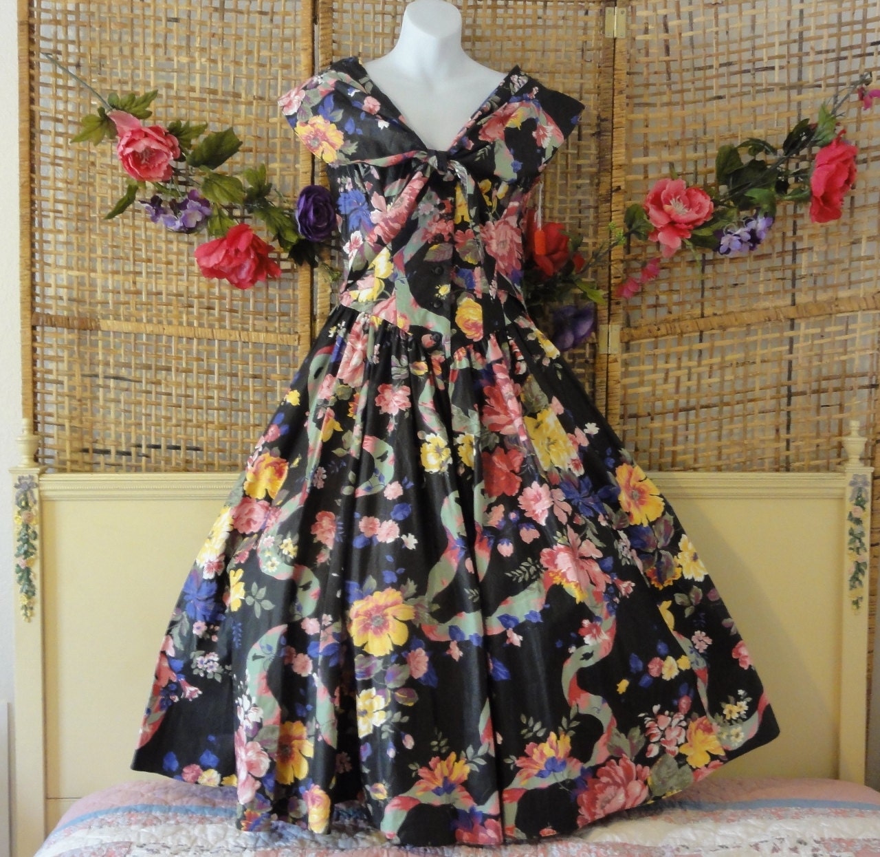 Vintage 80's Full Circle Skirt Dress-Garden Party-Swing Dance-Deadstock-Sz 4-