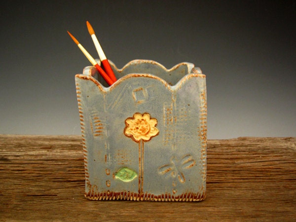 Square Pencil Holder in Rustic Blue - Flowers - Vase - Silverware Caddy - by Dirtkicker Pottery