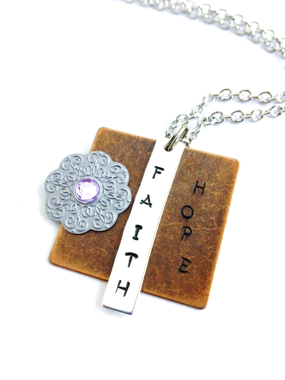 Faith and Hope Stamped Tag Copper Square and Silver Rectangle Inspirational Word Necklace with Flower and Pink Crystal