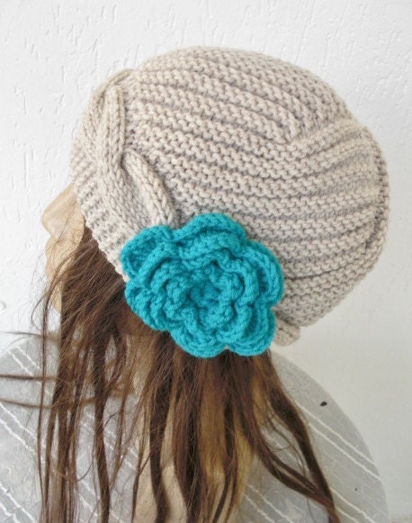 Hand Knit  Hat-   Womens Hat -  Cloche Hat  in Beige  Winter Accessories with crochet flower Snow warm  Fall Autumn oatmeal