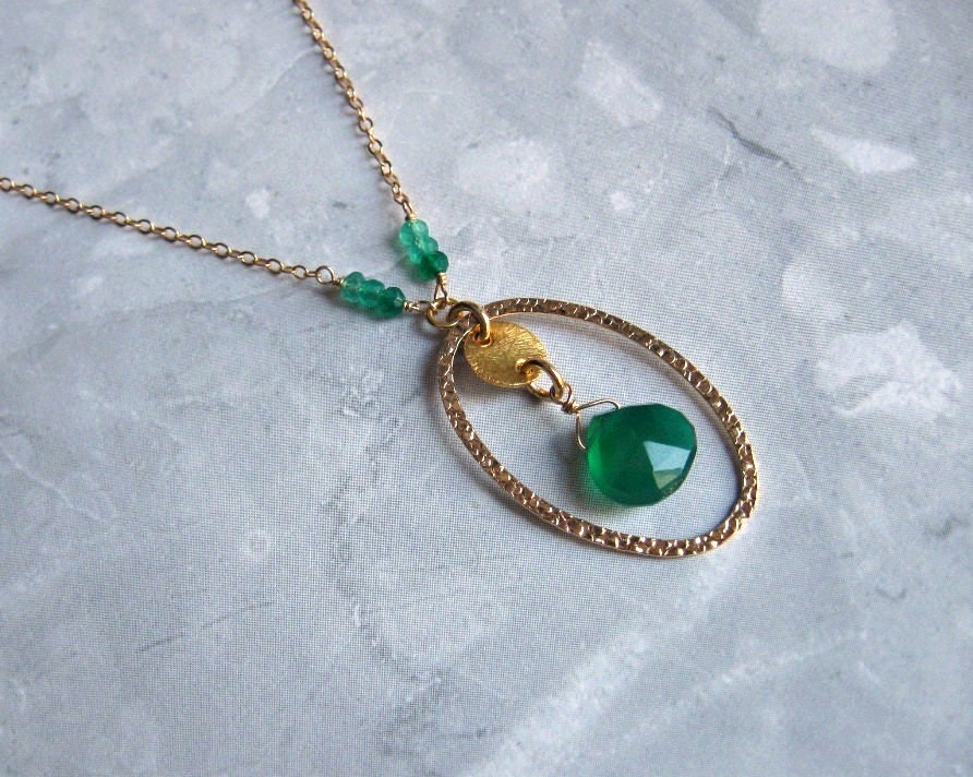 Green Onyx Necklace- Gold Filled, Textured Metal