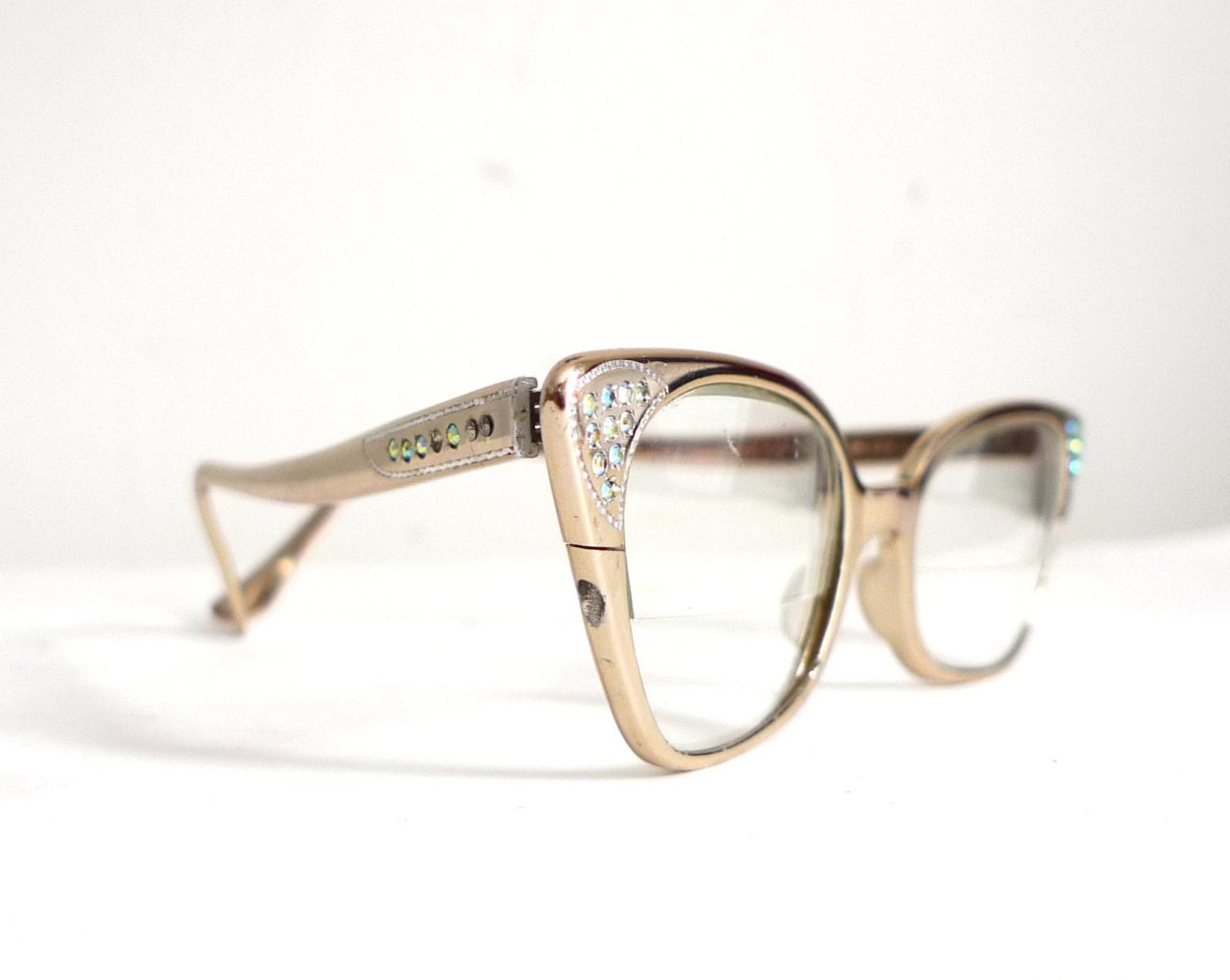 Rhinestone High-Gloss Aluminum Cat Eye Frames, Golden Vintage Eyeglasses, Chrome-y Sunglasses