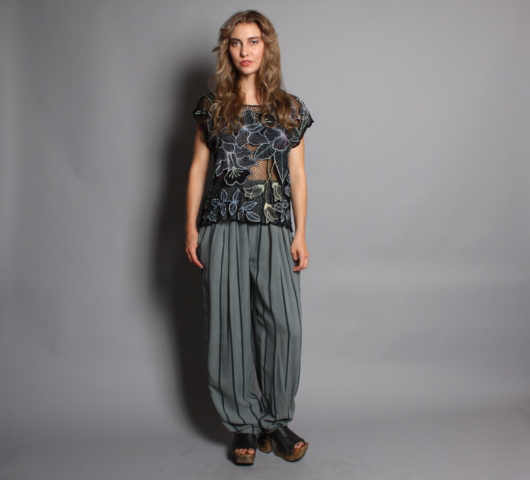 90s Wide Leg SILK PANTS / Loose Slouchy Fit, Blue Stripe, xs-s