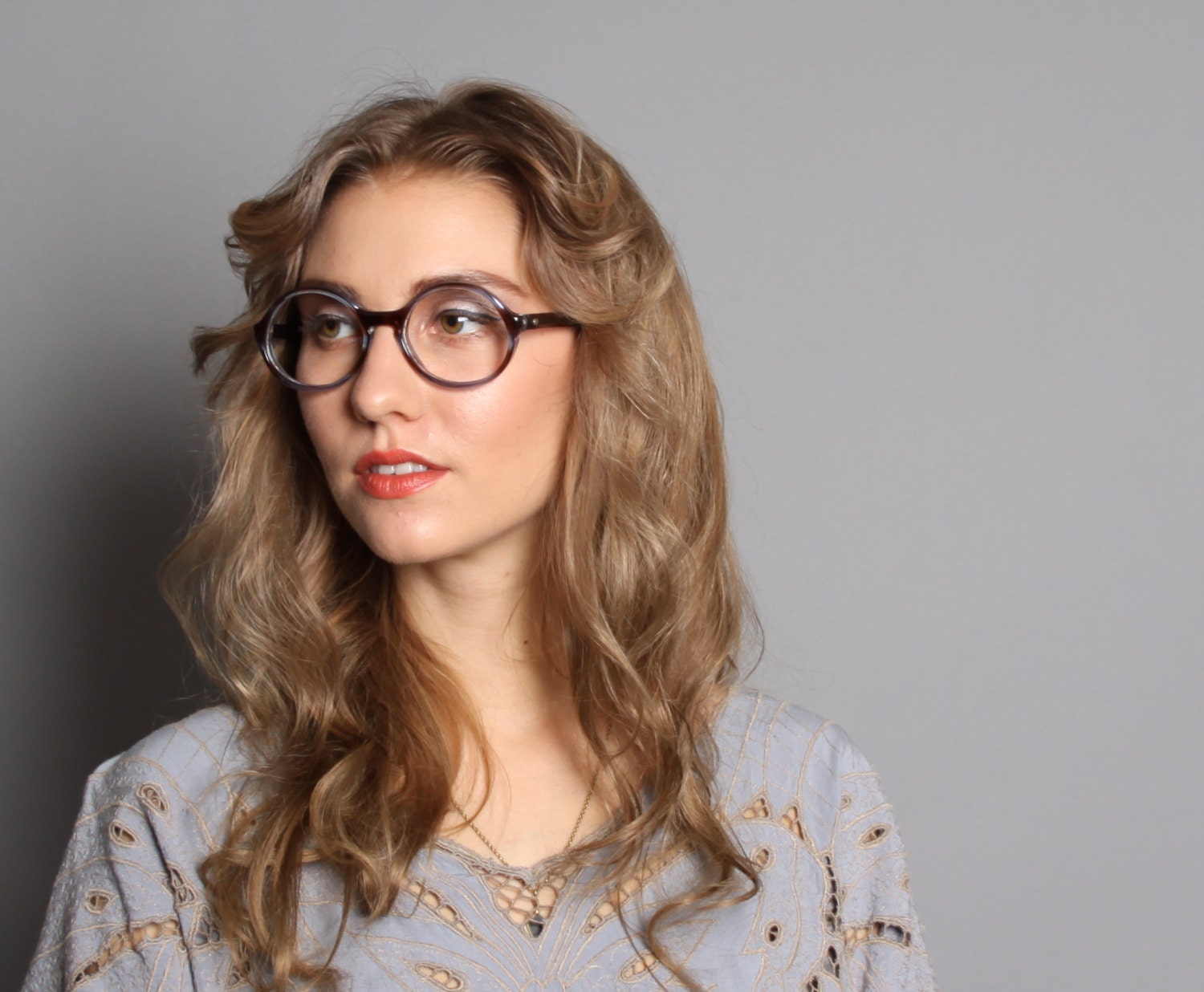 70s GLASSES Frames / Transparent Brown & Blue Round Plastic Frames