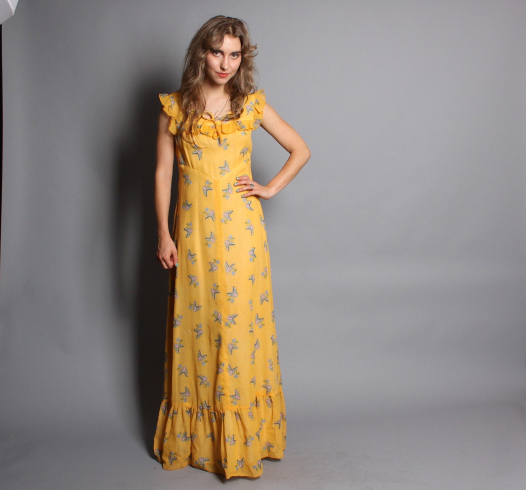 70s DECO Print MAXI / Ruffled Orange Sherbet Sun DRESS, xs-s
