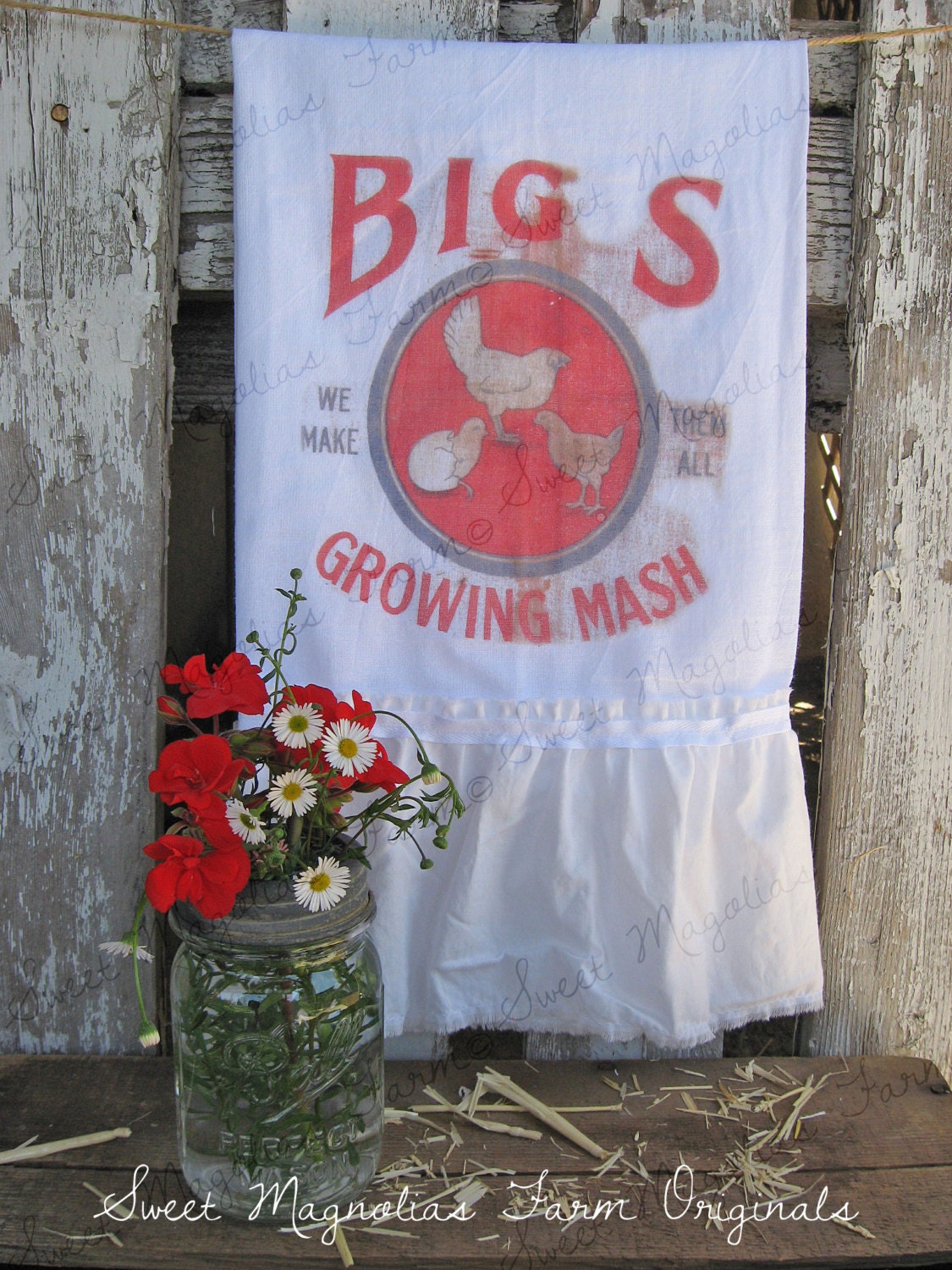 Flour Sack Kitchen Towel - Farmhouse Country Cottage Advertising Feedsack Farm Chicken " BIG S GROWING MASH " Chic Style Rustic