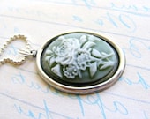 Rose Bouquet Cameo Pendant in Sage Green and Creamy White on Elegant Silver Ball Chain