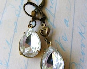 Vintage Clear Glass Teardrop Dangle Earrings with Tiny Heart Connectors in Antique Brass
