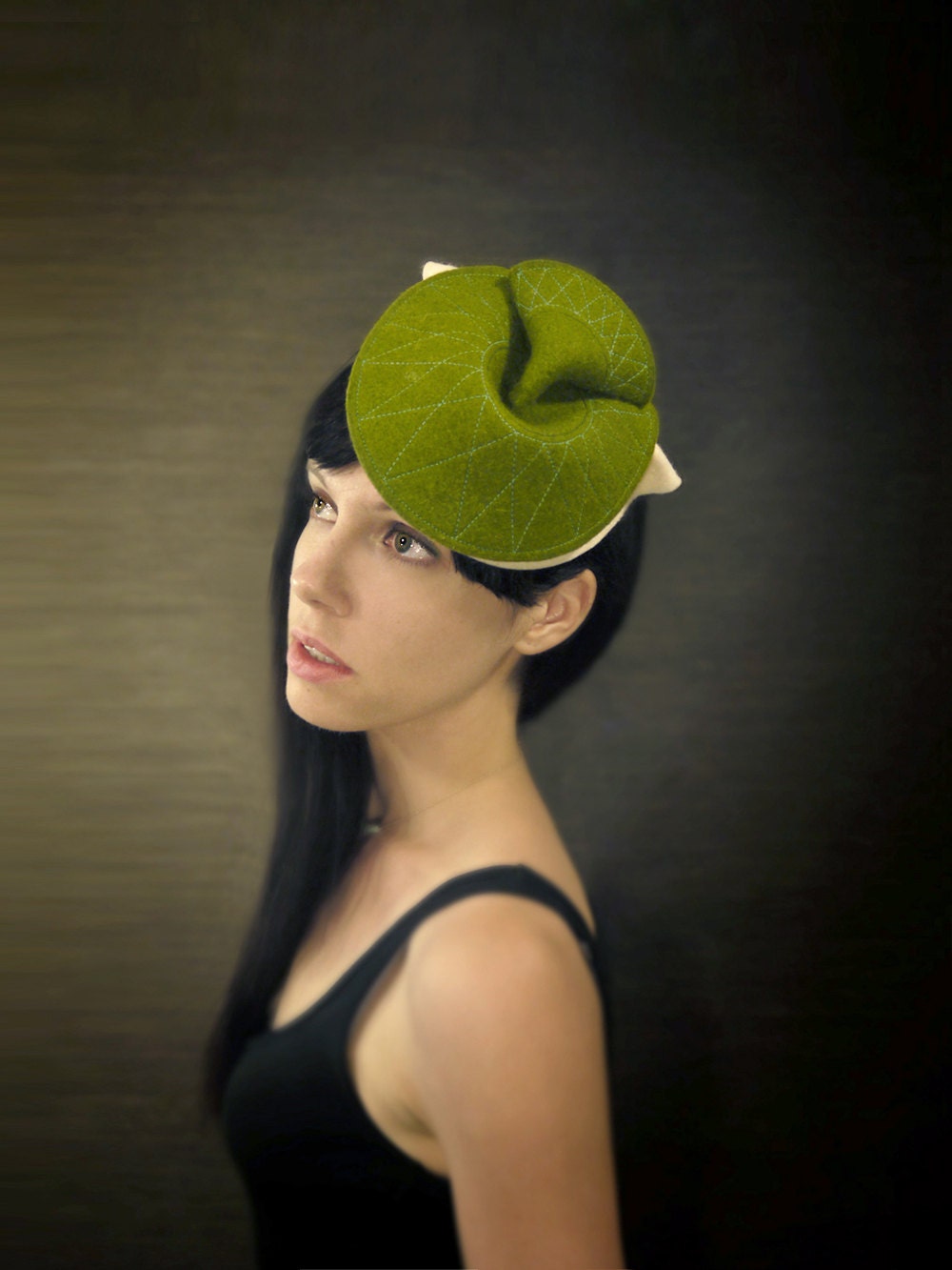 Green and Cream Felt Hat with Neon Green Feathers - Bantam Hat