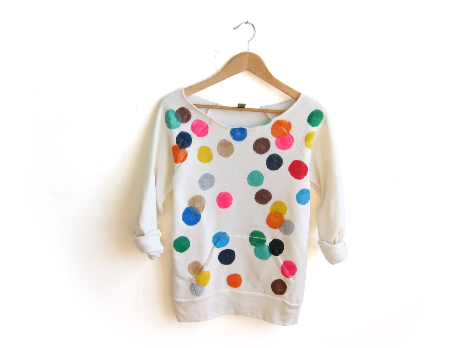 Colorful Confetti Hand STENCILED Deep Scoop Neck Heather Sweatshirt in Cream Multi Rainbow - S M L XL 2XL 3XL - twostringjane
