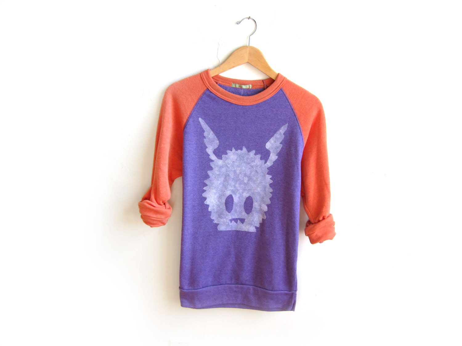 Fuzzy - Monster Series Handpainted Eco Fleece Raglan Crew Neck Oversized Color Block Sweatshirt in Grape Tangerine - S M L XL 2XL 3XL