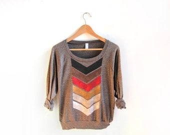 Geo Arrows HAND STENCILED Slouchy Eco Heather Deep Scoop Neck Lightweight Sweatshirt in Fire and Brown - S M L