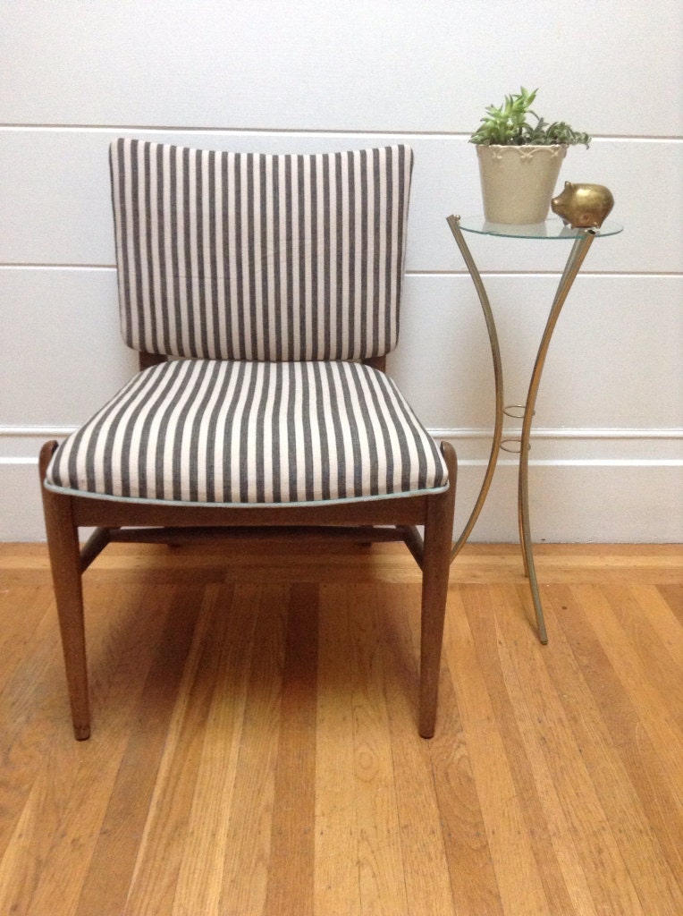 Vintage Mid Century Walnut French Market Striped Canvas and Blue Velvet Lounge Reading Desk Chair