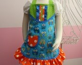 Girls Boutique Apron - Little Girls Owl Apron - Blue and Green