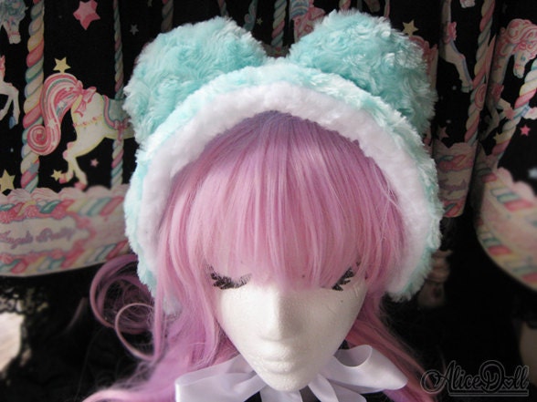 Sweet Lolita Fairy Kei fluffy pastel animal bear bonnet in mint x white combo with satin ribbon