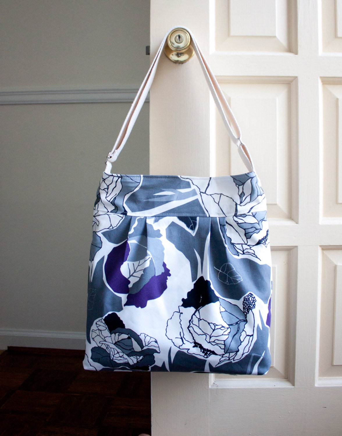 grey floral diaper bag // cross body messenger bag // canvas shoulder bag // grey purple floral // the bravo bag