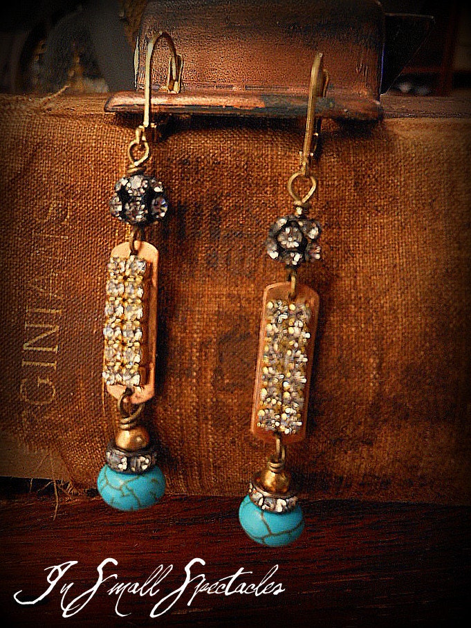 Vintage Brass ID Tag and Turquoise Earrings