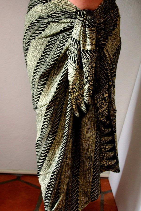 Black Chiffon Sarong with Cream - Chiffon Scarf - Batik Sarong with an Asian Flair - Womens Clothing Swimsuit Coverup - Mother's Day Gift