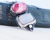 Pink Lace Agate and White Druzy on Handmade Sterling Silver Setting - Oxidized Necklace