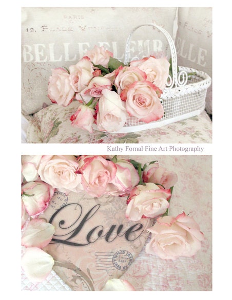 Cottage Floral Photography, Shabby Chic Decor, Spring Floral Wall Art, Dreamy Love Pink White Roses Art, Set of Two 5" x 7"