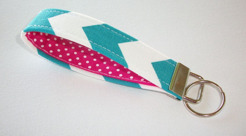 Key FOB / KeyChain / Wristlet  - Ture Turquoise Chevron with Hot pink white polka dots