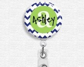 Badge Holder - Personalized Name - Preppy Navy Chevron (Belt Slide Clip or Swivel Spring Clip) Retractable Badge Holder, Nurse Badge Reel