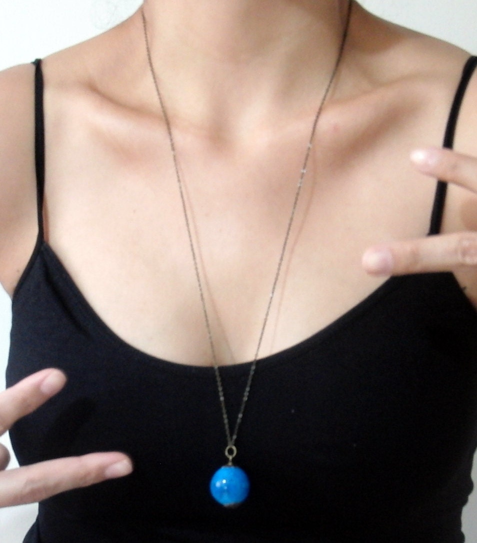 Long Copper Necklace With a Blue Stone Bead