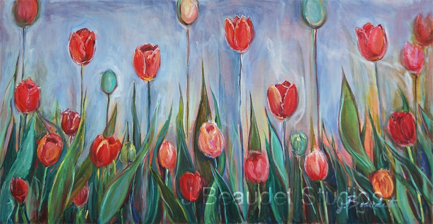 Original painting Tulips Floral Abstract Field of Flowers Red orange Contemporary Large Abstract
