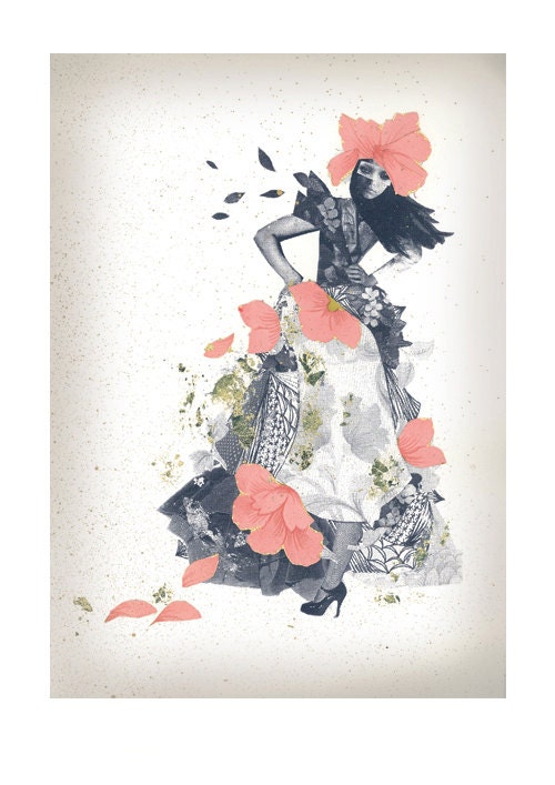 Mixed Media Collage Illustration, Fantasy A4 Digital Art Print - Alice In Wonderland - Flower Lady