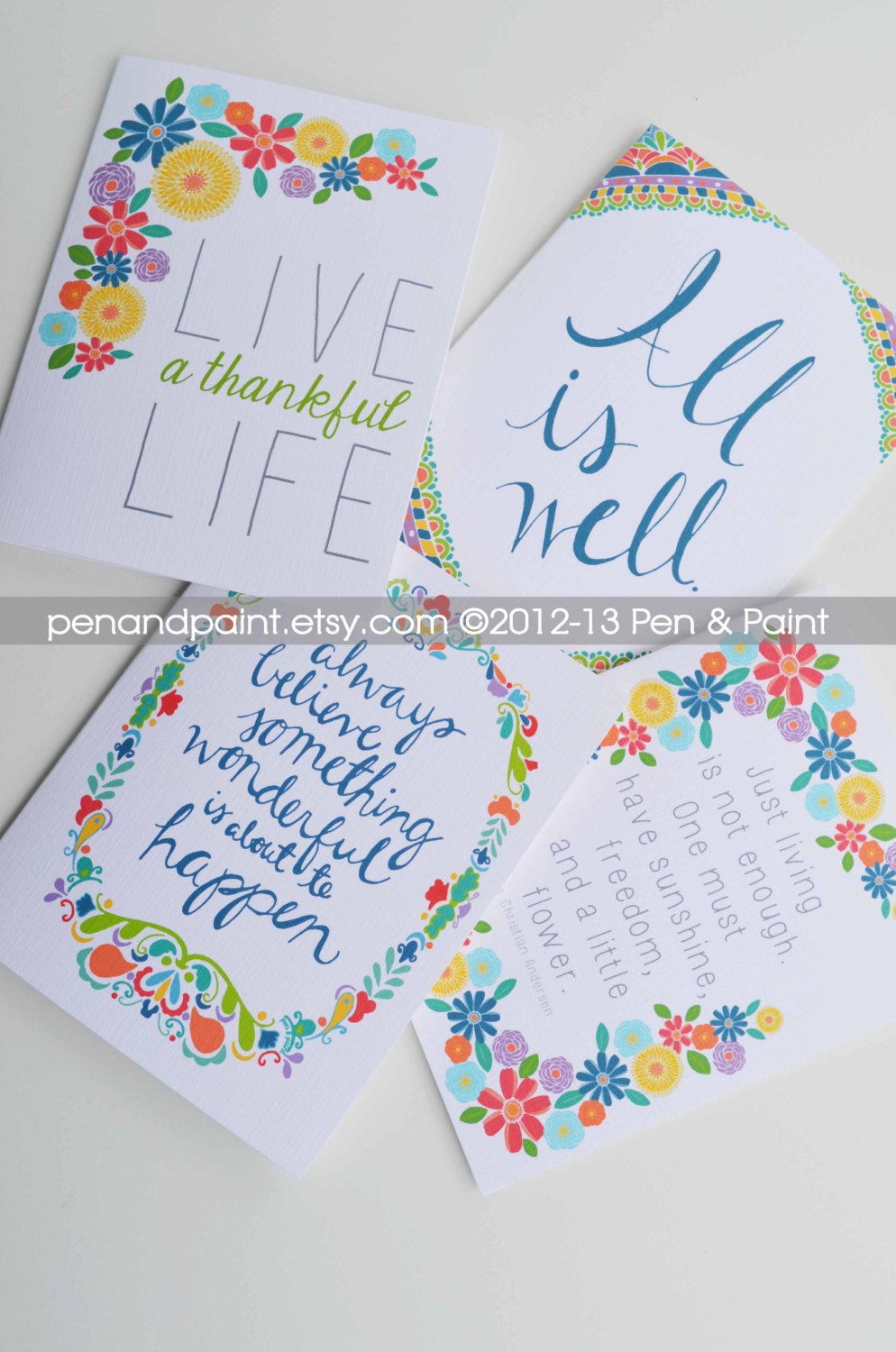 Set of Four Folded Note Cards, Inspirational Quotes, Hope, Flowers, Stationery, Hand Drawn, Illustration