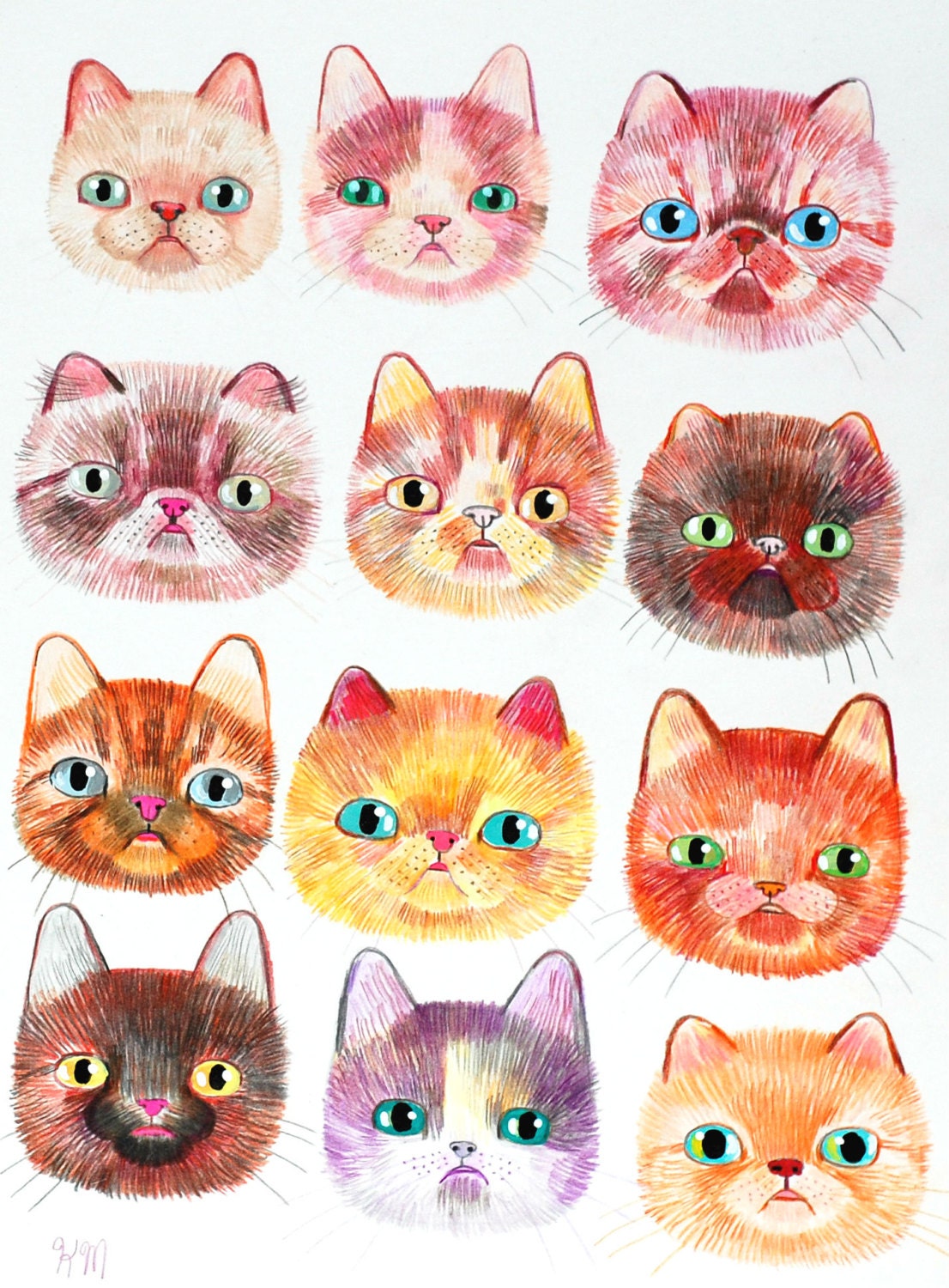 12 cat faces (original illustration on paper)
