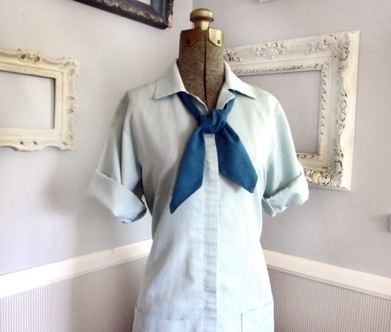 60s Dress Vintage Uniform // Blue Aqua Striped Waitress Costume // Size Large