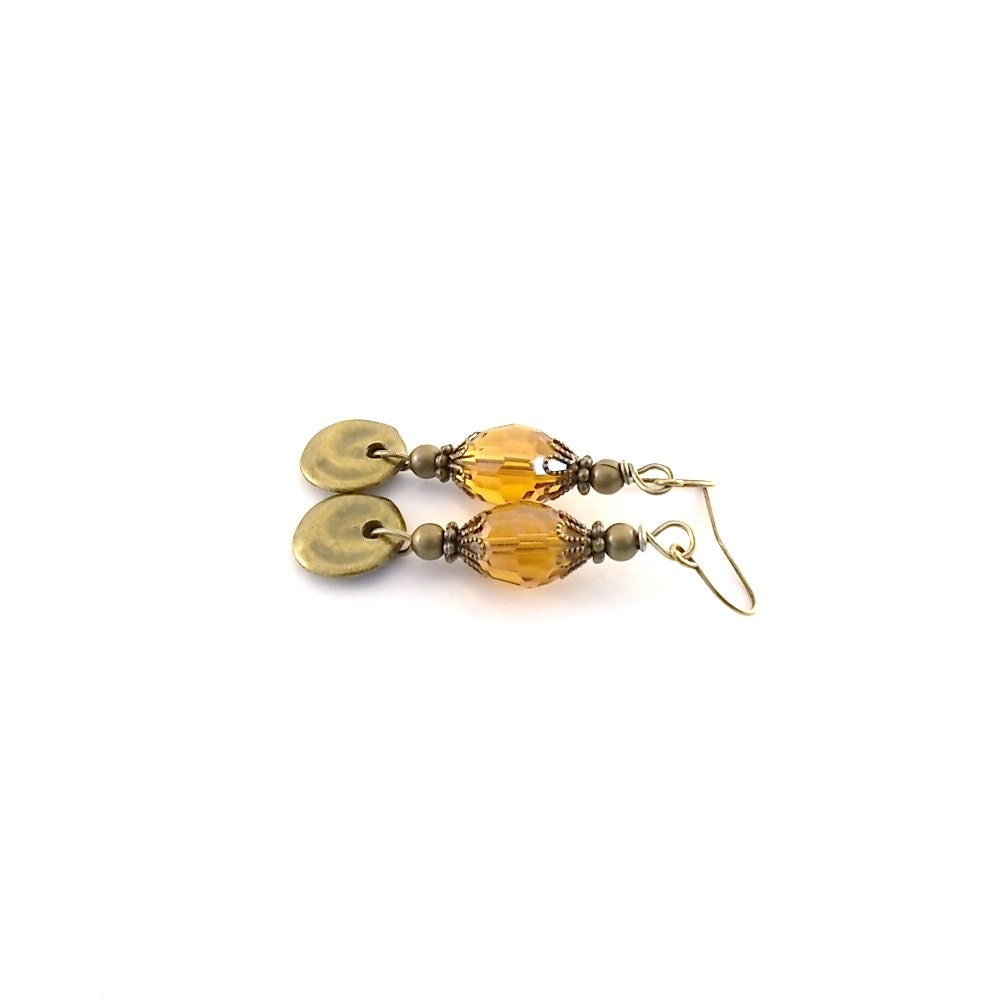 Faceted Topaz Earrings Antique Brass Beaded Wire