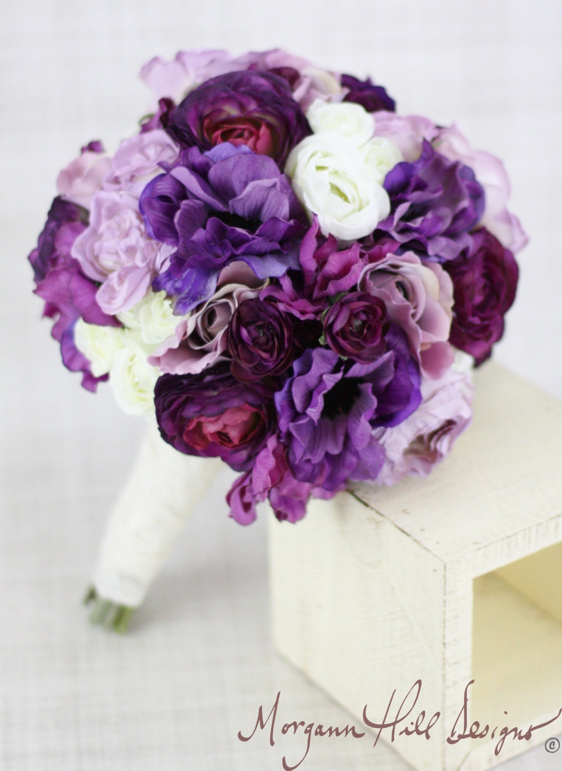 Silk Bride Bridesmaid Bouquet Roses Ranunculus Anemone Purple Country Wedding Lace (Item Number 130119)