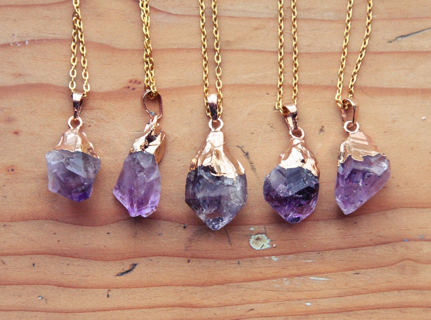 Gold Dipped Raw Amethyst Crystal Drop Necklace - Rough Clear Purple Spike Point Cluster Sterling Silver Plated Chain, Natural Layering