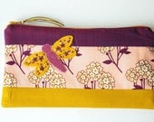 Zipper Pouch, Makeup Bag, or Pencil Case - Tokens of Love in Pink with Handmade Felt Dragonfly Embellishment