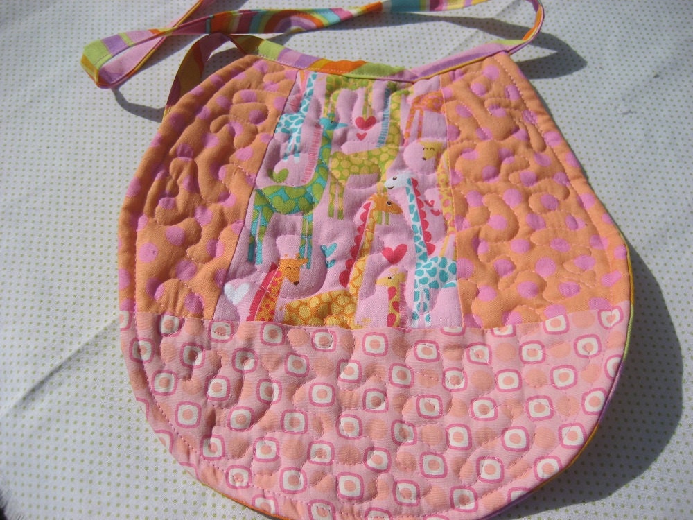 Quilted bib, reversible designer baby girl bib with giraffes and polka dots