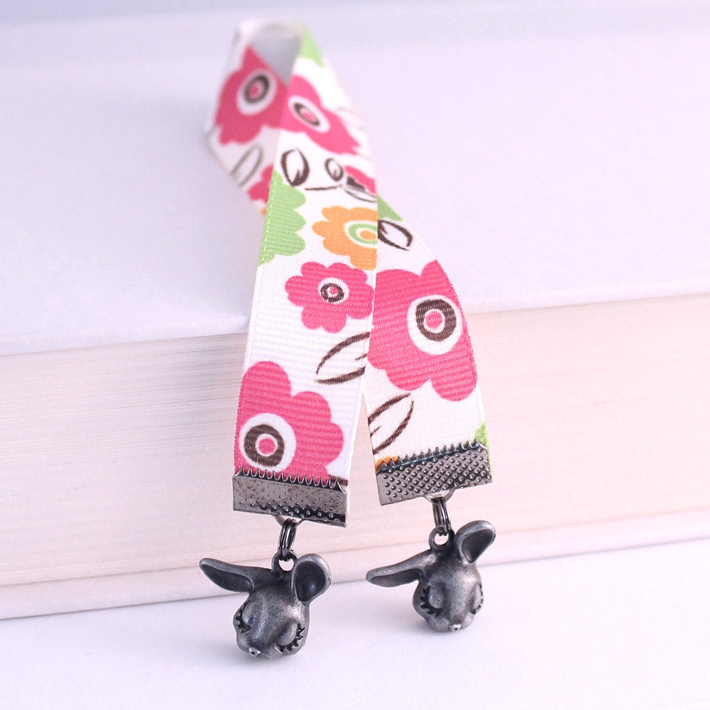 Ribbon Bookmark - Shy Bunnies, Woodland Floral, Gunmetal