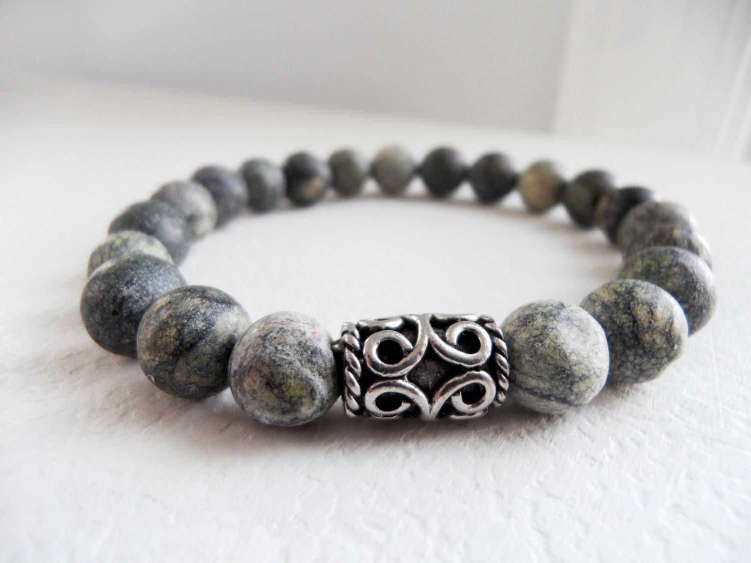 Russian Serpentine Men's Bracelet with Silver Ornate Bead, Masculine Bracelet, Man Gift, Tough Guy, Strength, Fertility