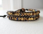 Tortoise Shell Czech Glass Bracelet - Beaded Leather Double Wrap Bracelet