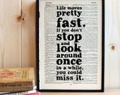 Inspirational Quote Life Moves Pretty Fast Ferris Bueller framed art on vintage book page graduation gift