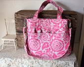 Crossover Cotton handbag / messenger/ diaper bag/ tote bag  in Floral print/ Grey/fuschia colors / 6 pockets --Ready to Ship--