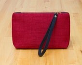 Simple Linen and Leather Clutch / Wristlet - Red and Black