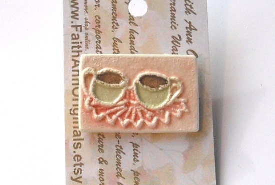 COFFEE DATE handmade ceramic tile pin spring favorite tea cups doilly service debutante pink cactus flower rose mint rectangle brooch