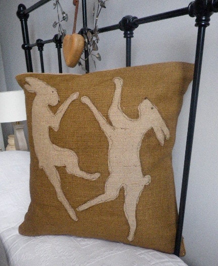 hand printed hessian natural brown  boxing hare cushion cover